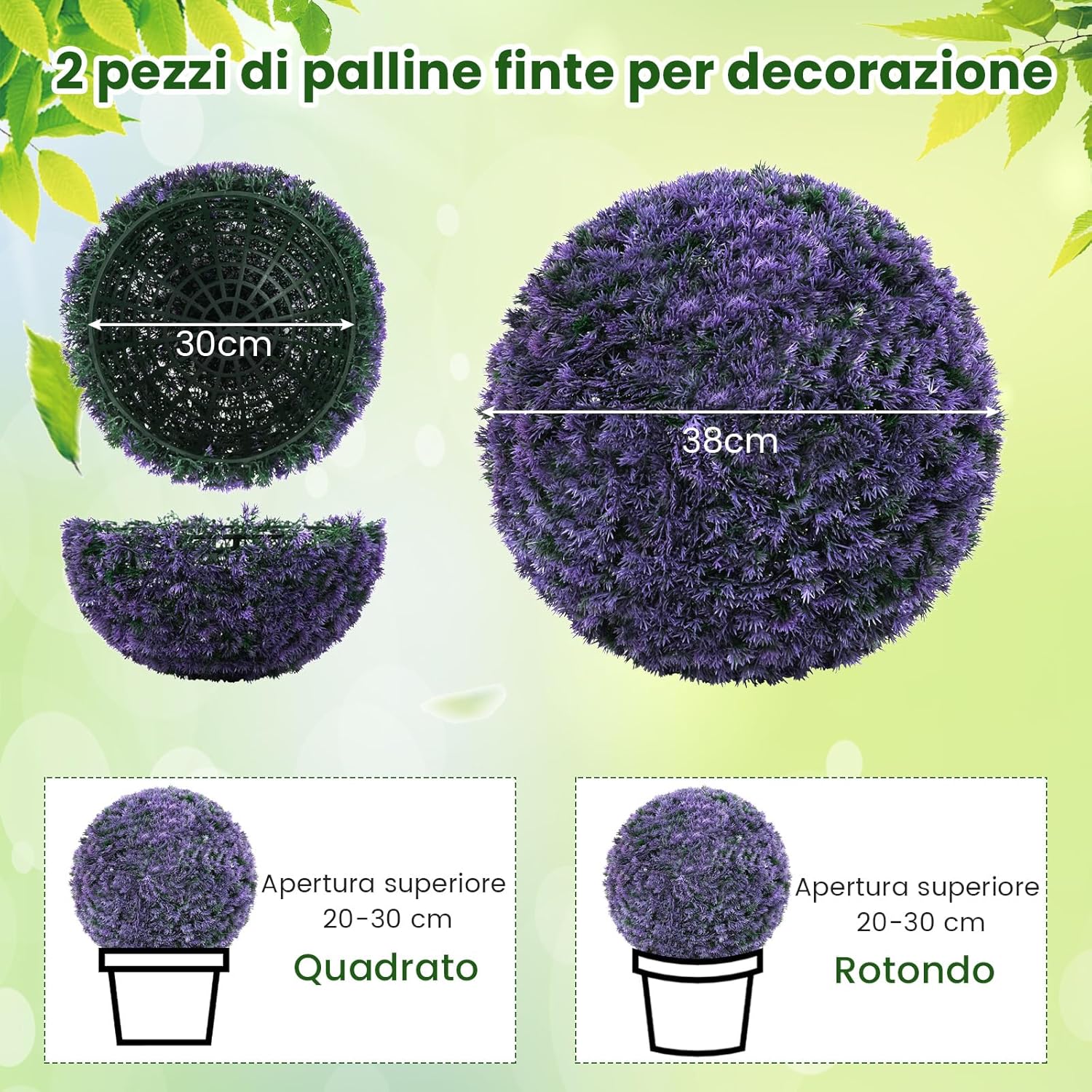 Set di 2 Piante Artificiali a Sfera di Bosso 38 CM, Palline Decorative Viola, Sfera Topiarie per Giardino, Portico, Balcone e Matrimonio