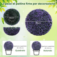 Set di 2 Piante Artificiali a Sfera di Bosso 38 CM, Palline Decorative Viola, Sfera Topiarie per Giardino, Portico, Balcone e Matrimonio