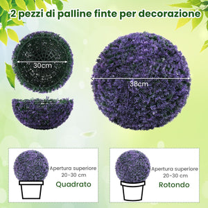 Set di 2 Piante Artificiali a Sfera di Bosso 38 CM, Palline Decorative Viola, Sfera Topiarie per Giardino, Portico, Balcone e Matrimonio
