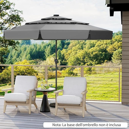 Ombrellone Esterno 300 cm, con 32 Luci LED, Ombrellone Giardino con Regolazione Inclinazione, Manovella e 8 Stecche, Parasole da Esterno con Tettuccio Ventilato a 3 Livelli