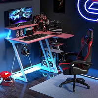 Scrivania Angolare Salvaspazio, Scrivania da Gaming con Prese, Porte USB, Ripiano per Monitor, Gancio per Cuffie, Ripiano e Supporto per CPU, Scrivania ad Angolo per Casa e Ufficio (Rosa)