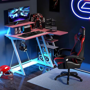 Scrivania Angolare Salvaspazio, Scrivania da Gaming con Prese, Porte USB, Ripiano per Monitor, Gancio per Cuffie, Ripiano e Supporto per CPU, Scrivania ad Angolo per Casa e Ufficio (Rosa)