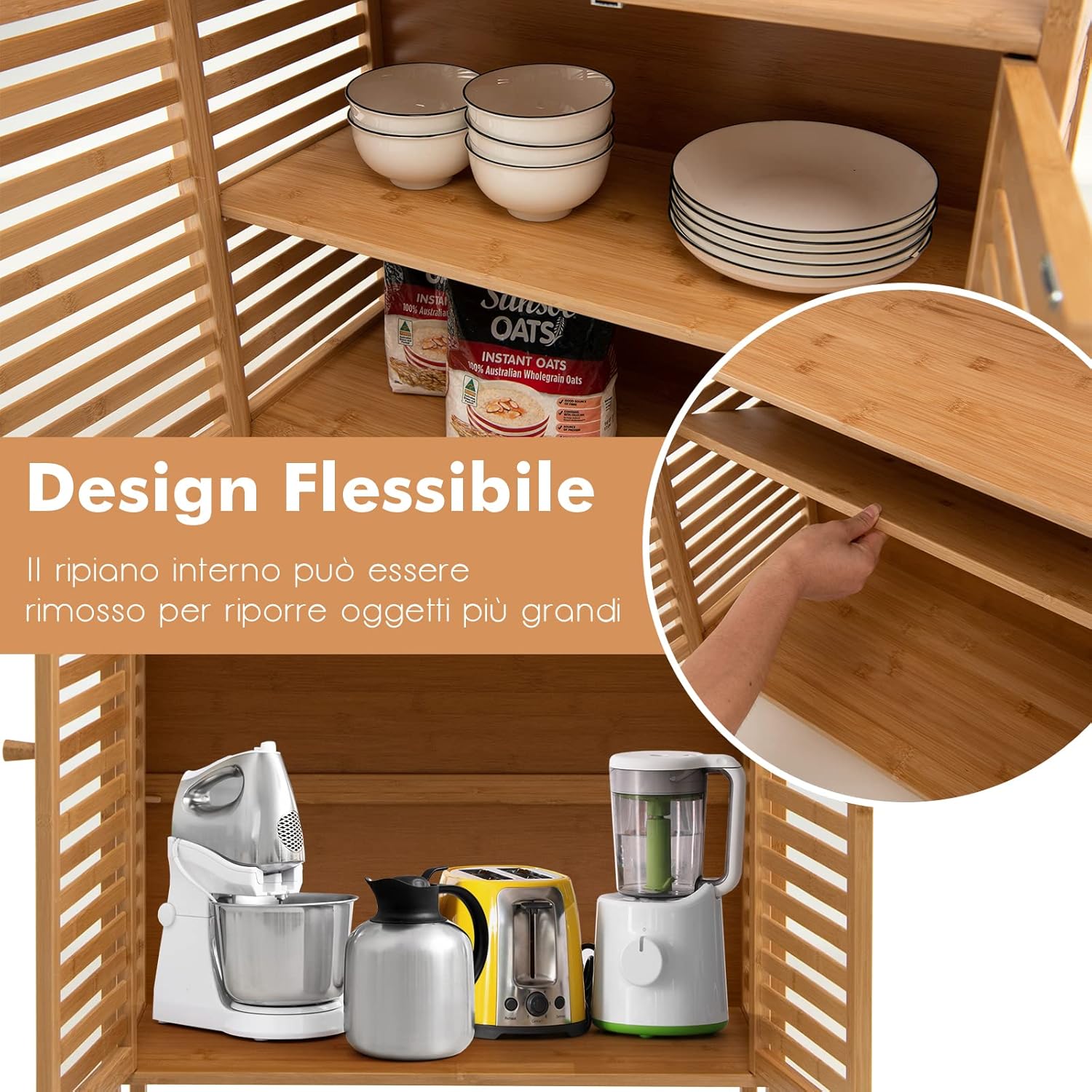 Mobile da Bagno in Bambù, Armadietto da Bagno con Ripiano Aperto e Doppie Porte, Ripiano Rimovibile, per Bagno, Soggiorno, Cucina, Ingresso, 64 x 27,5 x 80 cm