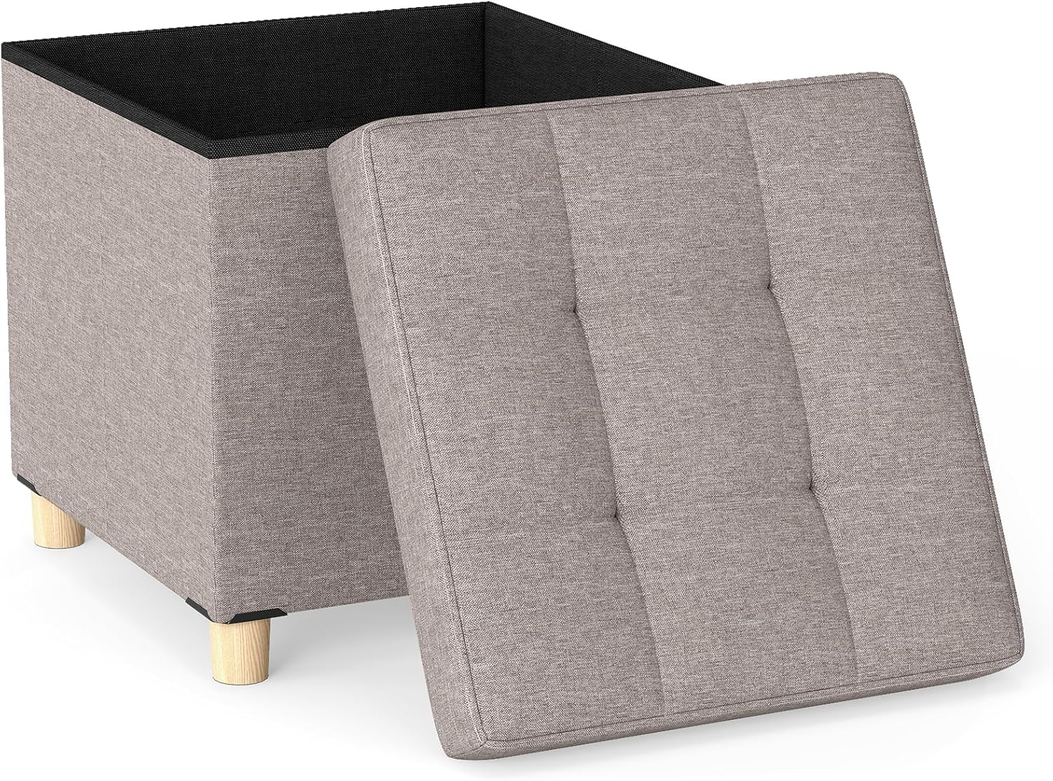 Pouf Contenitore da 45 cm, Sgabello con Vassoio e Gambe in Legno di Gomma, Poggiapiedi Imbottito, Sgabello per Scarpe Quadrato per Soggiorno, Portata 150 kg (Grigio)