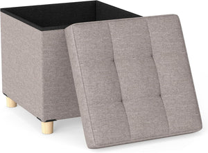 Pouf Contenitore da 45 cm, Sgabello con Vassoio e Gambe in Legno di Gomma, Poggiapiedi Imbottito, Sgabello per Scarpe Quadrato per Soggiorno, Portata 150 kg (Grigio)