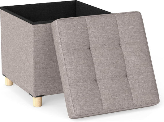 Pouf Contenitore da 45 cm, Sgabello con Vassoio e Gambe in Legno di Gomma, Poggiapiedi Imbottito, Sgabello per Scarpe Quadrato per Soggiorno, Portata 150 kg (Grigio)