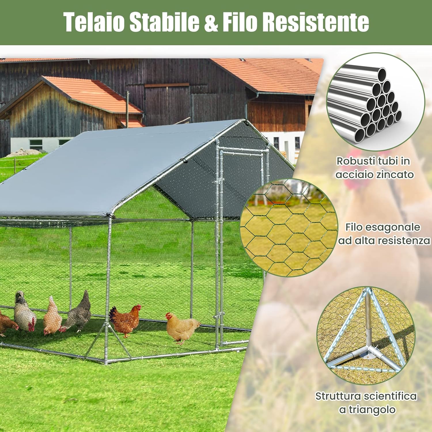 Pollaio per Galline da Esterno 3 x 6 x 1,95 M, Gabbia da Esterno Grande in Acciaio Zincato con Serratura e Tetto Impermeabile e Resistente al Sole, Recinto per Galline e Conigli