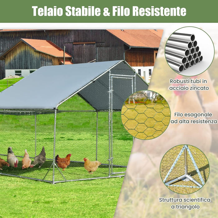 Pollaio per Galline da Esterno 3 x 6 x 1,95 M, Gabbia da Esterno Grande in Acciaio Zincato con Serratura e Tetto Impermeabile e Resistente al Sole, Recinto per Galline e Conigli