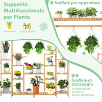 Scaffale per Piante in Bambù a 9 Livelli, Porta Fiori da Interno ed Esterno, Porta Vasi 2 in 1 con Barra e Dispositivo Antiribaltamento, 167 x 30 x 166 cm