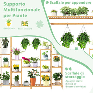 Scaffale per Piante in Bambù a 9 Livelli, Porta Fiori da Interno ed Esterno, Porta Vasi 2 in 1 con Barra e Dispositivo Antiribaltamento, 167 x 30 x 166 cm