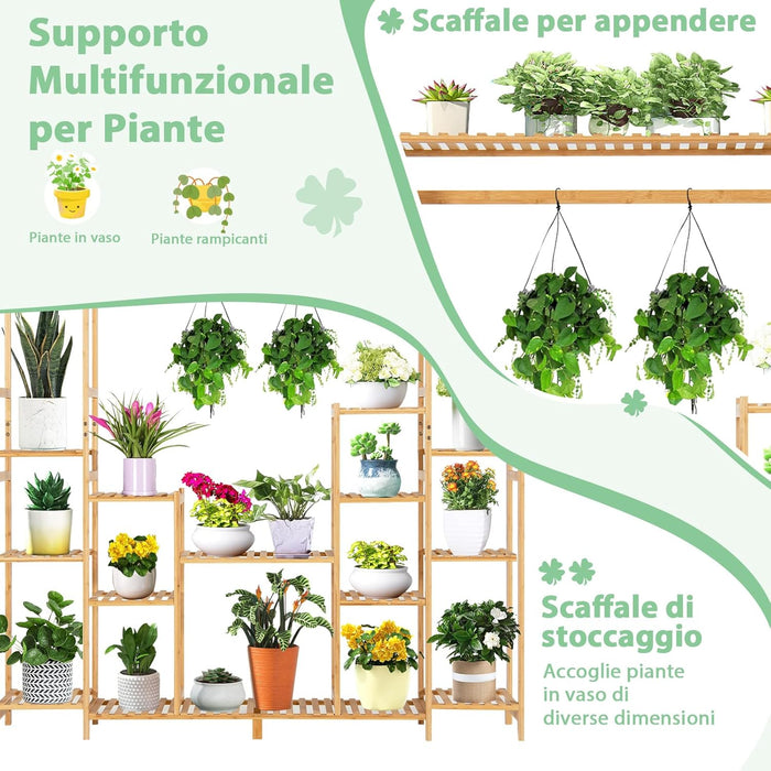 Scaffale per Piante in Bambù a 9 Livelli, Porta Fiori da Interno ed Esterno, Porta Vasi 2 in 1 con Barra e Dispositivo Antiribaltamento, 167 x 30 x 166 cm