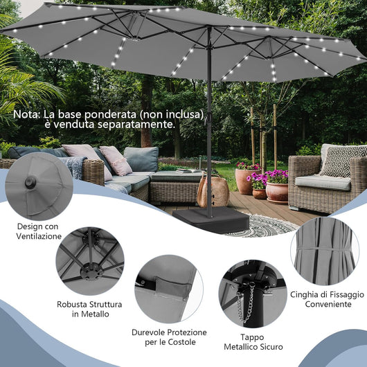 Ombrellone Doppio da Giardino 450 x 260 cm, Ombrellone con 48 Luci LED, Ombrellone Rettangolare con Manovella, per Giardino Piscina Cortile (Grigio)