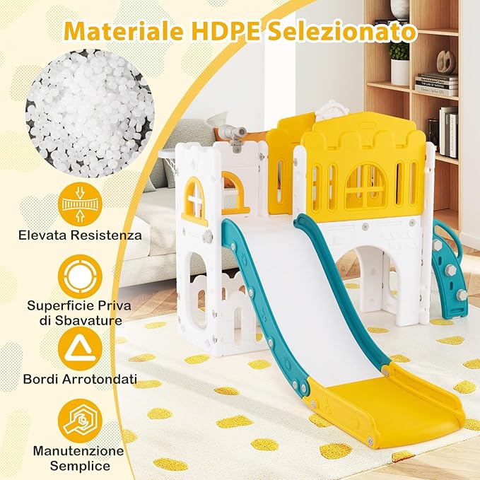 Scivolo per Bambini 9 in 1, Set da Gioco con Canestro da Basket, Telescopio, Volante, Corridoio, Tunnel e Spazio di Archiviazione, Scivolo da Interno ed Esterno per 1+ Anni (Giallo+Verde)