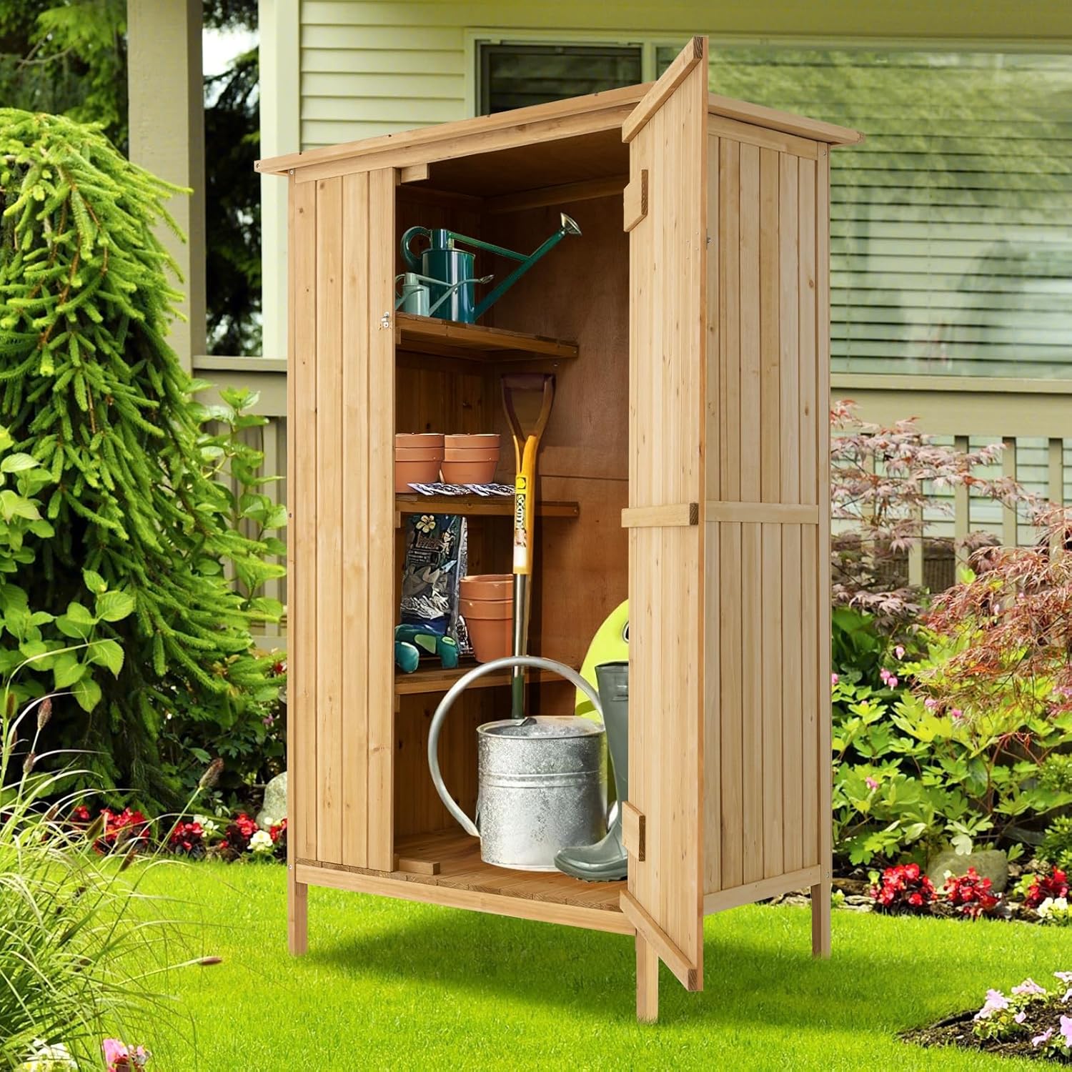 Armadio da Esterno, Casetta Porta Attrezzi da Giardino in Legno con Tetto in Asfalto, 3 Ripiani, Porta con Serratura e 5 Ganci, Ripostiglio per Balcone, Patio e Giardino, 91 × 66 × 150 cm