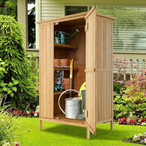 Armadio da Esterno, Casetta Porta Attrezzi da Giardino in Legno con Tetto in Asfalto, 3 Ripiani, Porta con Serratura e 5 Ganci, Ripostiglio per Balcone, Patio e Giardino, 91 × 66 × 150 cm
