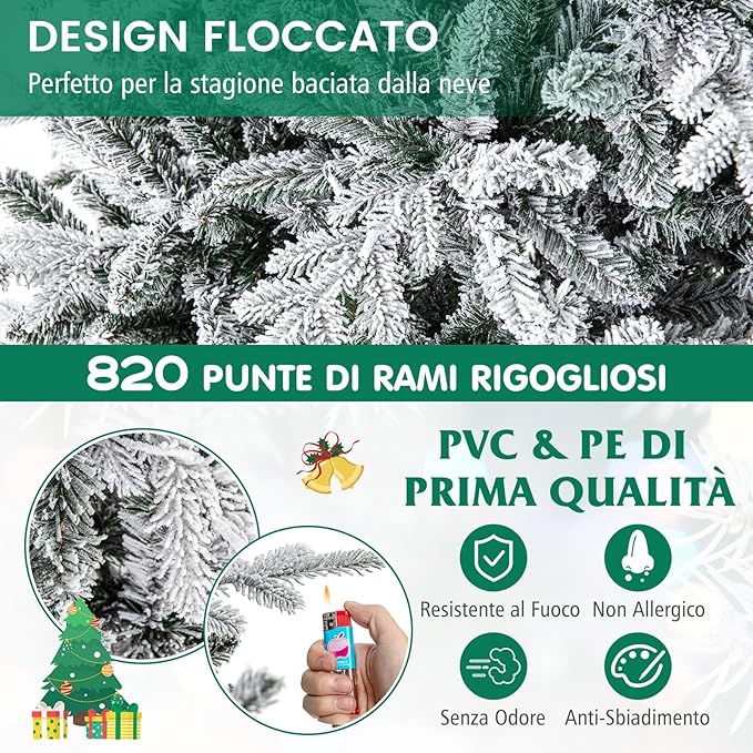 Albero di Natale Artificiale Innevato 147/186/210 CM, Albero di Natale con Cerniera e 8 Modalità luminose, 160/260/350 Luci LED Multicolori e 436/820 /1164 Punte di Ramo in PVC e PE (186 CM)
