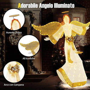 Angelo Natalizio Illuminato da Esterno 160 cm, Decorazione Natalizia con 180 Luci Bianche Calde, 4 Picchetti, per Giardino, Cortile e Prato