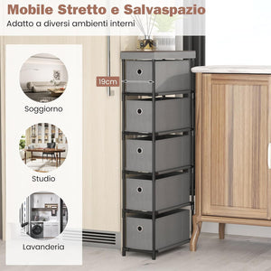 Comò con 5 Cassetti, Cassettiera Stretta in Tessuto con Struttura in Metallo e Legno, Torre Portaoggetti Salvaspazio, per Soggiorno, Camera da Letto e Corridoio (40 x 19 x 100 cm,Grigio)