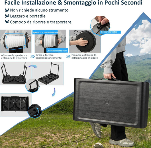 Set Tavolo da Campeggio con 2 Sgabelli LED Pieghevole, Set Tavolino Richiudibile in Valigetta Portatili, con Maniglia, Leggero, per Giardino Picnic BBQ