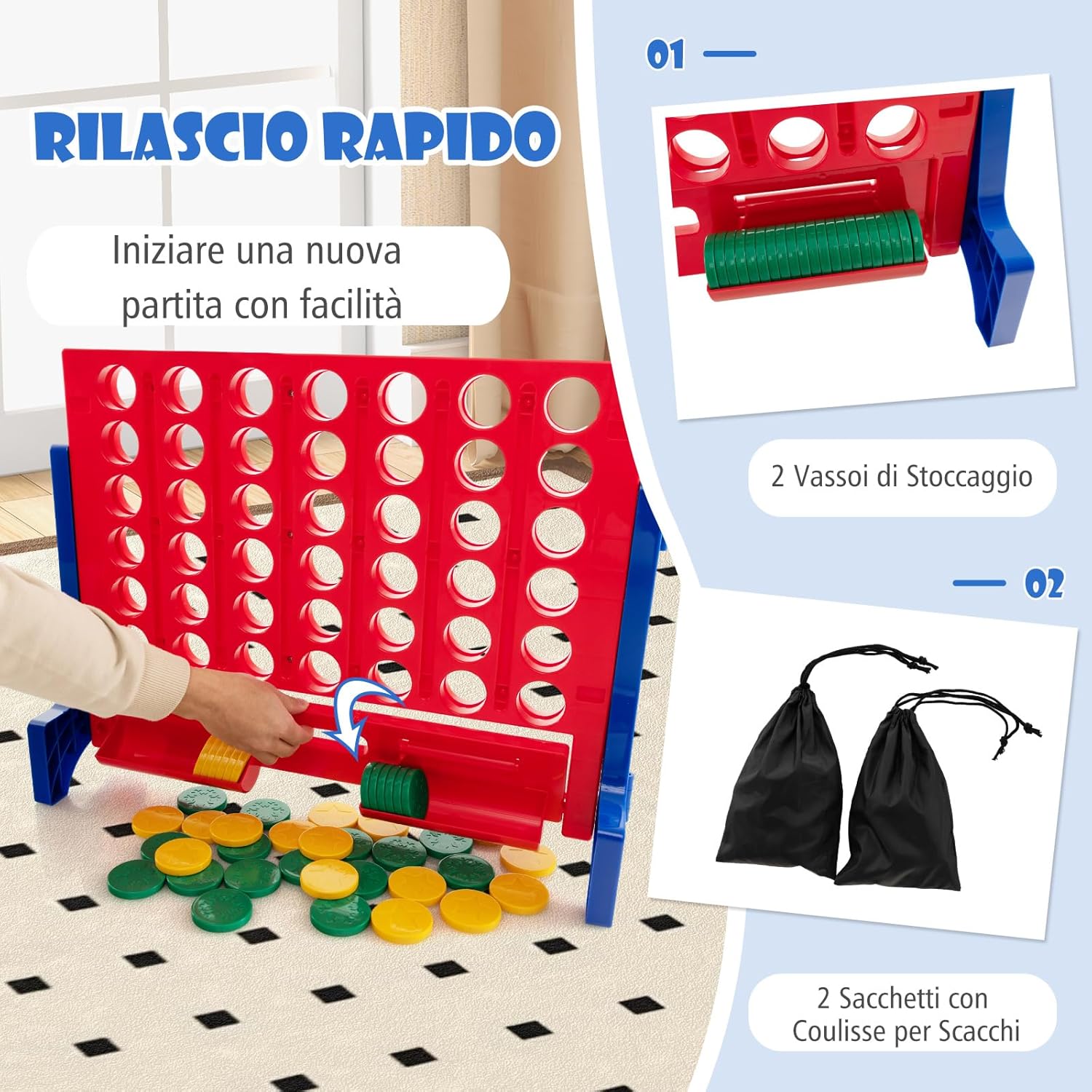 Forza 4 da Tavolo o da Parete, Forza 4 Gigante con Sacca e 42 Pedine, Gioco da Parete per Adulti e Bambini, Divertimento Familiare, Feste all'Aperto (Blu)