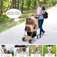 Passeggino per Cani Pieghevole, Carrozzina per Cani a 4 Ruote con Finestra a Rete Porta Bicchiere e Cesto, Passeggino Portatile per Animali Piccola e Media (Beige)