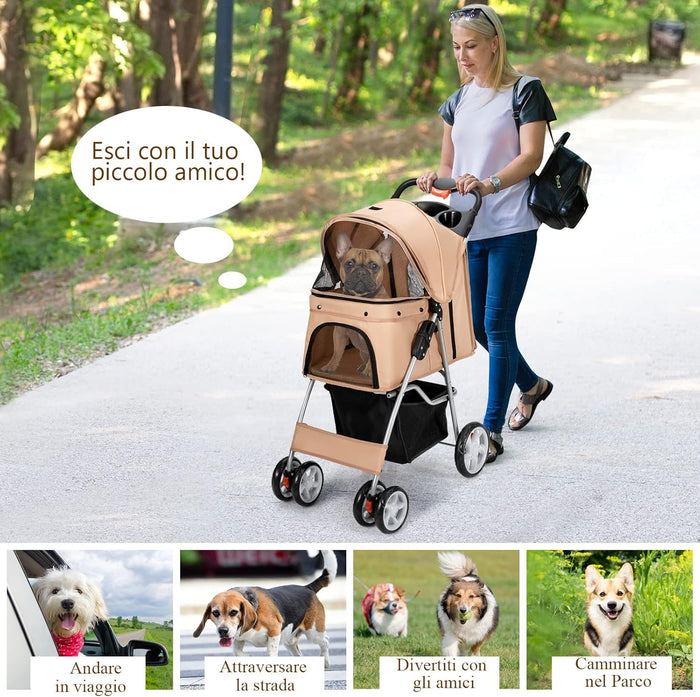 Passeggino per Cani Pieghevole, Carrozzina per Cani a 4 Ruote con Finestra a Rete Porta Bicchiere e Cesto, Passeggino Portatile per Animali Piccola e Media (Beige)