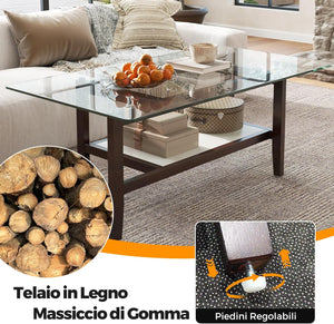 Tavolino da Caffè in Vetro, Tavolino Rettangolare a 2 Livelli con Ripiano e Gambe in Legno di Gomma, Tavolo Moderno per Soggiorno, Casa e Ufficio, 107 x 60 x 42 cm