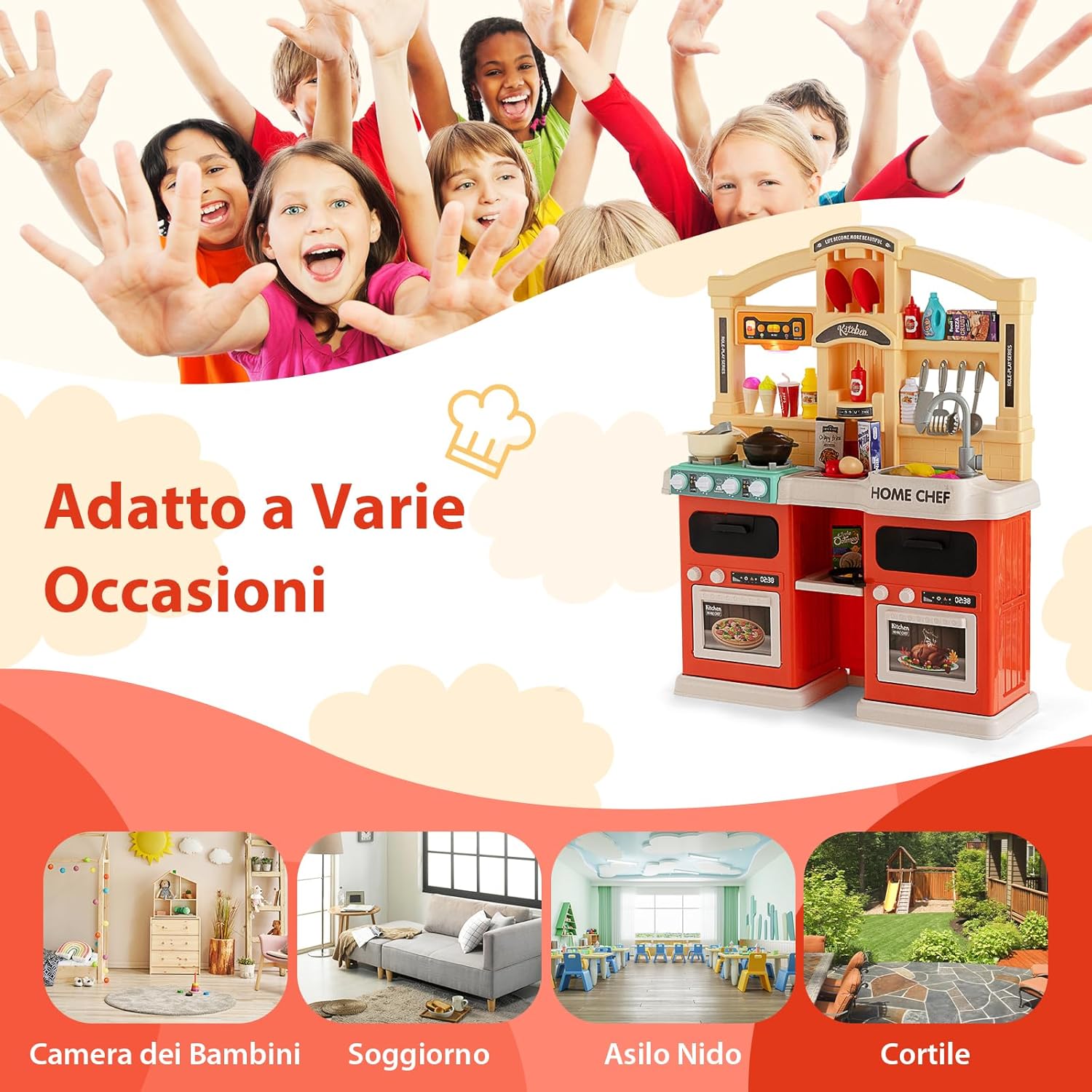 Cucina Giocattolo per Bambini 69 Pezzi, Cucinetta per Bambini 3 Anni+ con Luci Suoni Vapore e Acqua in Ebollizione, 3 Anni+, 64,5 x 24 x 83 cm (Arancio)