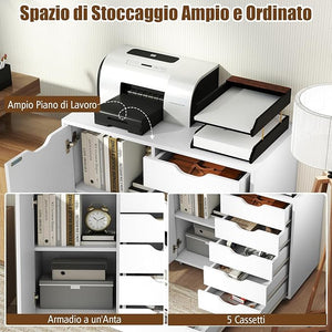 Mobiletto con 5 Cassetti e Anta, Cassettiera per Documenti con 5 Ruote e Ripiano Regolabile, per Soggiorno, Ufficio e Cucina, 79 x 40 x 65 cm (Bianco)