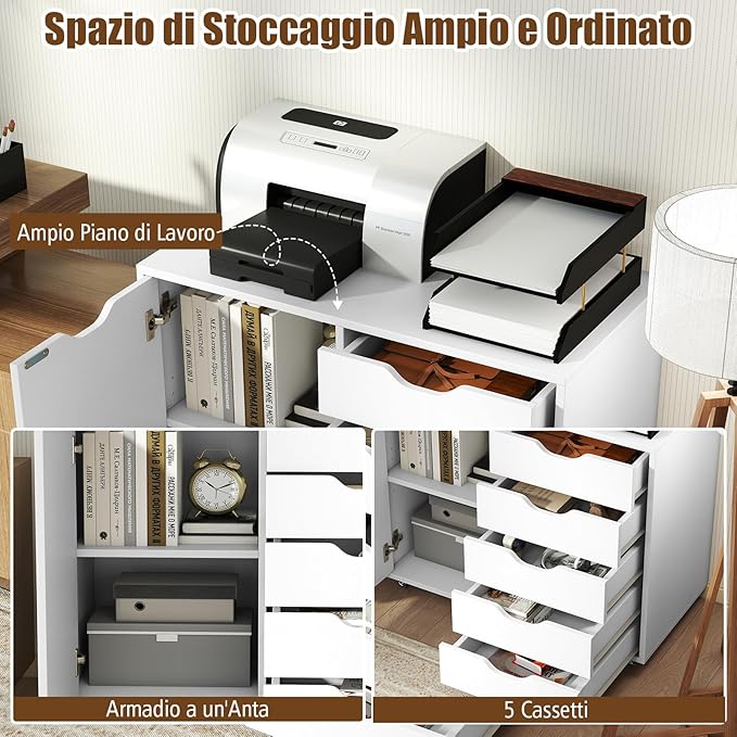 Mobiletto con 5 Cassetti e Anta, Cassettiera per Documenti con 5 Ruote e Ripiano Regolabile, per Soggiorno, Ufficio e Cucina, 79 x 40 x 65 cm (Bianco)