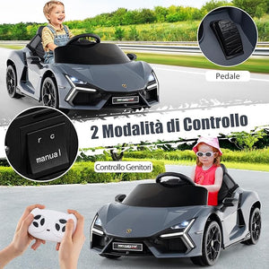 Lamborghini 12V Auto Elettrica per Bambini, Veicolo Elettrico Cavalcabile con Telecomando Luci LED Musica, 3-5 Km/h, per Bambini 37-95 Mesi (Grigio)