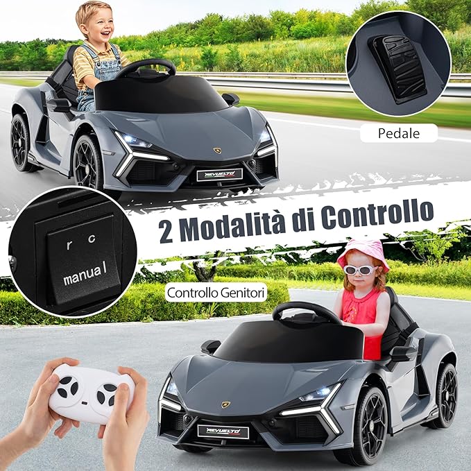 Lamborghini 12V Auto Elettrica per Bambini, Veicolo Elettrico Cavalcabile con Telecomando Luci LED Musica, 3-5 Km/h, per Bambini 37-95 Mesi (Grigio)