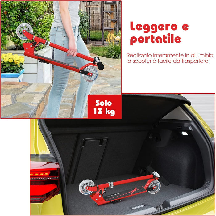 Monopattino Bambini, Monopattini a Spinta Pieghevole e Regolabile in 3 Altezze, con 2 Ruote Lampeggianti, Freno e Cavalletto, Portata 70 kg