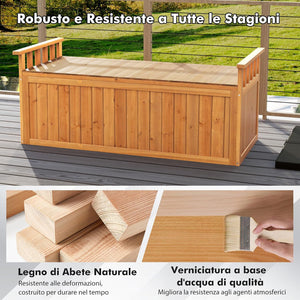 Baule Cassapanca 210 Litri in Legno di Abete, Baule Contenitore da Giardino con Pannello Inferiore Staccabile, Cassapanca Multiuso di Stoccaggio a 2 Posti con 2 Braccioli, da Interno e Esterno