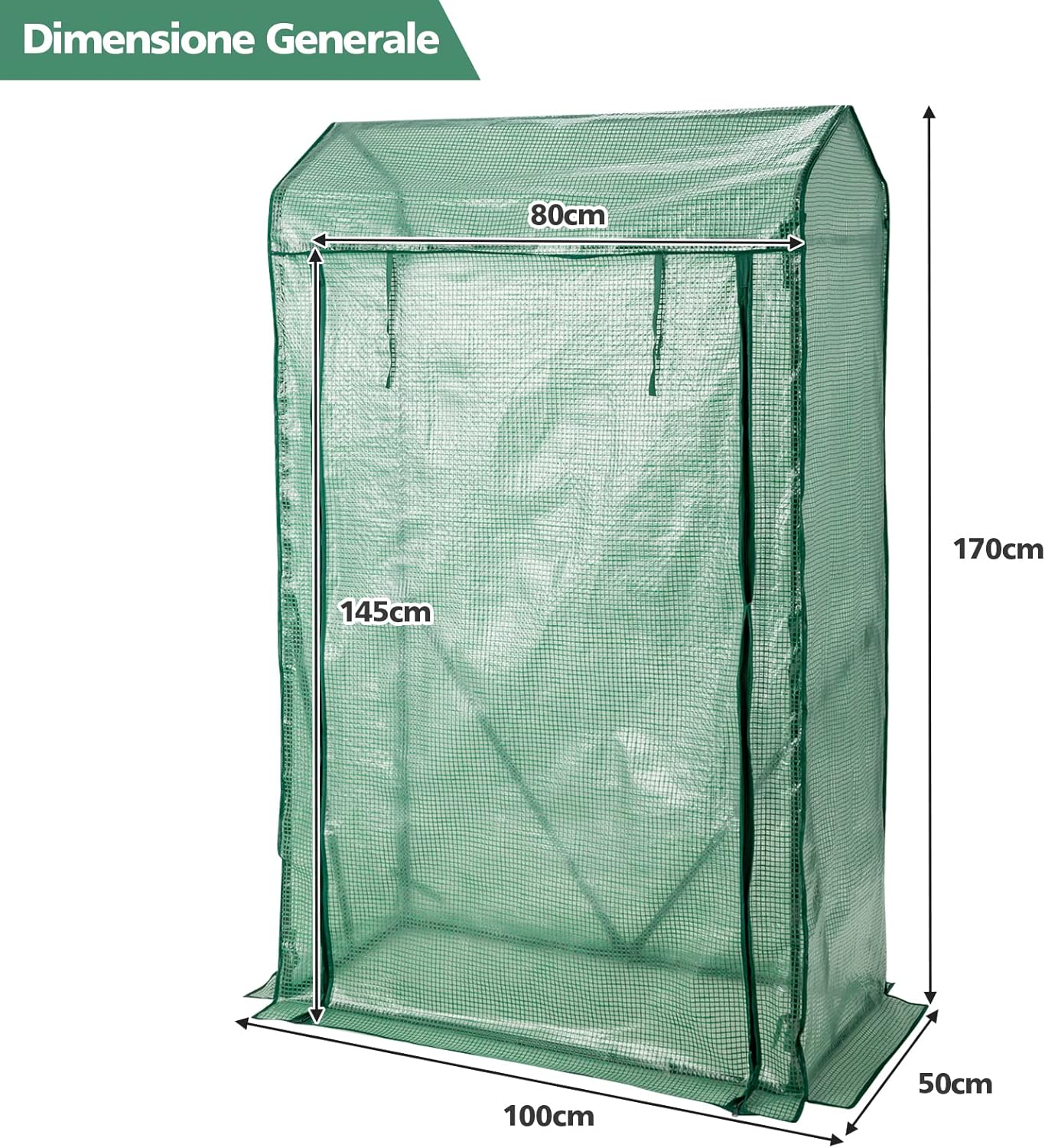 Serra da Giardino Inverno, Mini Serra per Orto e Piante con Telaio in Acciaio, Porte a Cerniera Arrotolabili, Telo in PE, Ideale per Giardino e Balcone, 100 x 50 x 170 cm, Verde