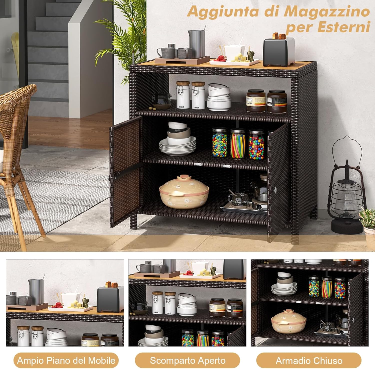 Armadietto Portaoggetti in Rattan, Mobile Buffet per Esterni in Legno di Acacia, Con Compartimento Aperto e Armadio Chiuso a 2 Ante, per Piscina, Terrazza e Patio, 90 x 53 x 66 cm (Marrone)