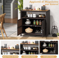 Armadietto Portaoggetti in Rattan, Mobile Buffet per Esterni in Legno di Acacia, Con Compartimento Aperto e Armadio Chiuso a 2 Ante, per Piscina, Terrazza e Patio, 90 x 53 x 66 cm (Marrone)