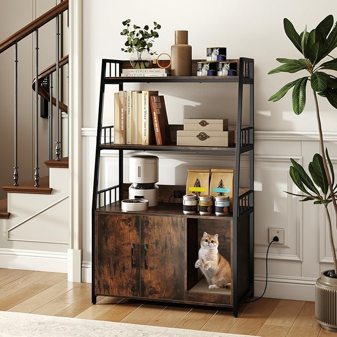 Mobile Lettiera per Gatti 80 x 40 x 132 cm, Credenza Soggiorno con Ripiani di Stoccaggio, Tiragraffi per Gatti, 2 Prese AC e Cuccia, Armadio Salvaspazio per Cuccia e Ingresso (Marrone)