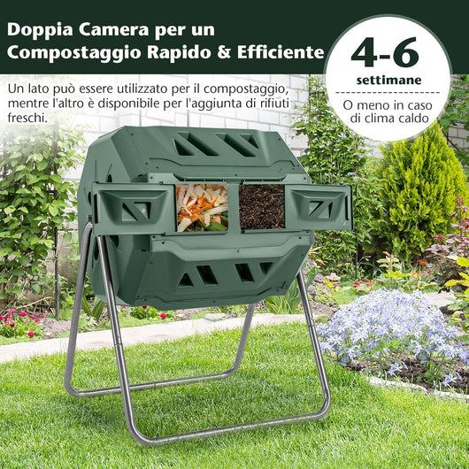 Compostiera da Giardino 160 L, Bidone per Compostaggio a Doppia Vasca con 2 Porte Scorrevoli e Telaio Metallico Robusto, Compostiera Rotante da Esterno a 360°Senza BPA (Verde)