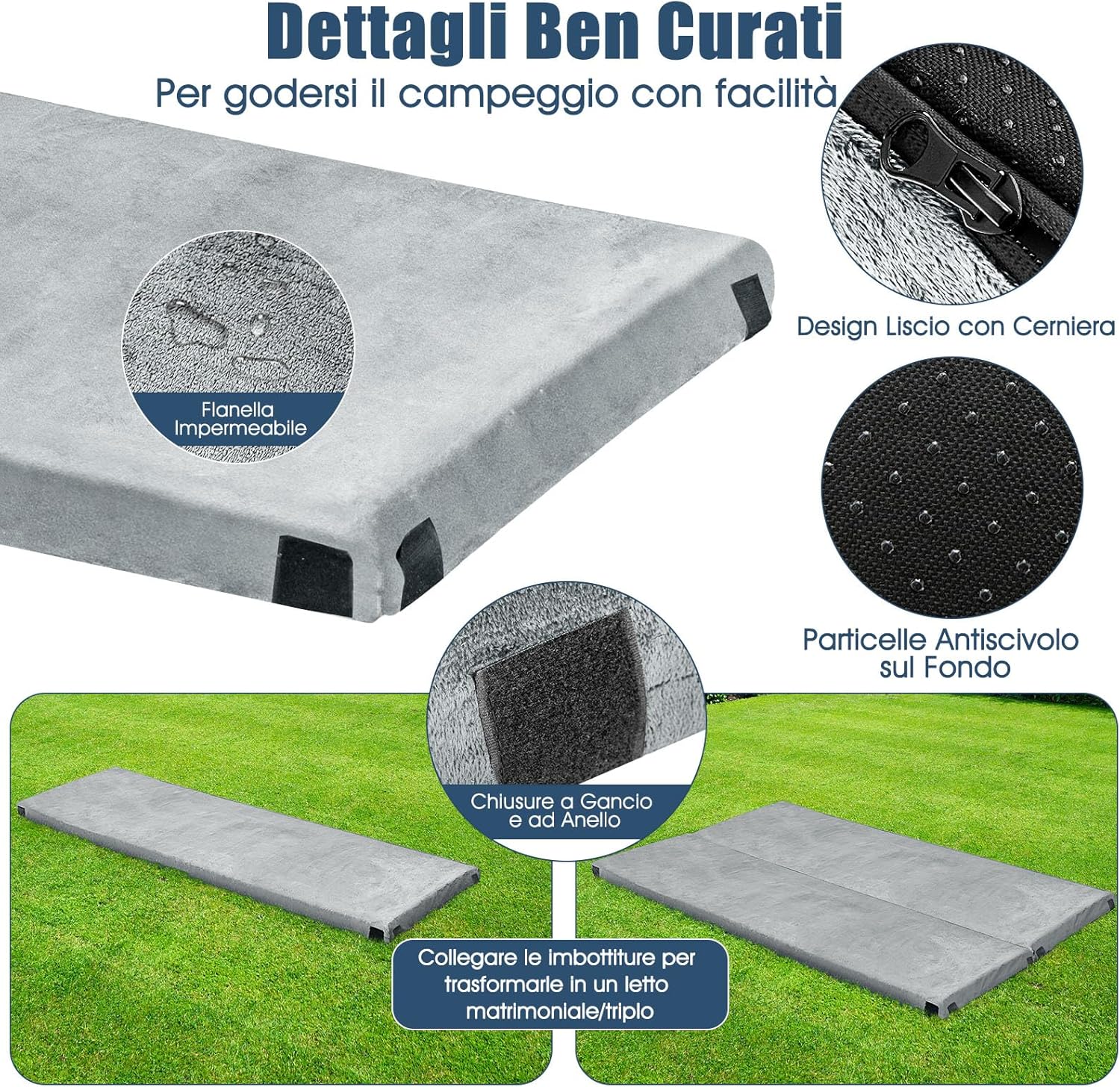 Materasso da Campeggio Impermeabile in Memory Foam, Materassino Portatile con Borsa di Trasporto, Base Antiscivolo, Componibile ed Ergonomico, 183 x 62,5 x 6,5cm