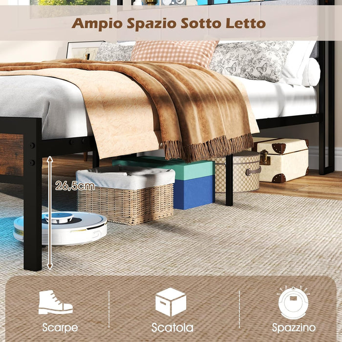 Letto Matrimoniale 220 x 140 cm con Luci LED a Telecomando, Struttura Letto con Stazione d Ricarica, Telaio Letto con Testiera Rivestita in Lino, Capacit¨¤ di 500 kg, Marrone Rustico