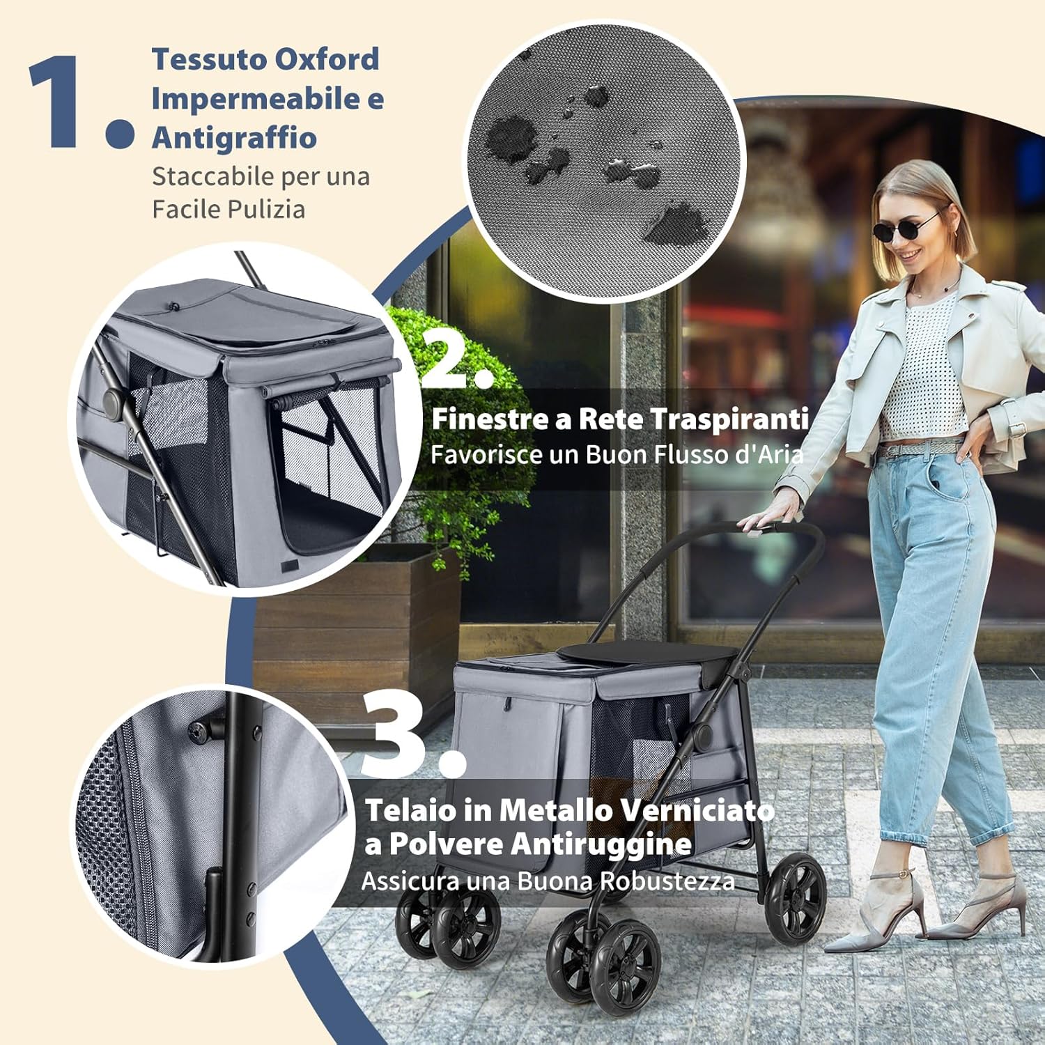 Passeggino per Cani Pieghevole, Carrello a 4 Ruote per Animali Domestici Piccoli e Medi, Trasportino Portatile con Ruote, Lucernario e Tasche, Chiusura Rapida (Grigio)