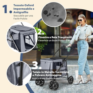 Passeggino per Cani Pieghevole, Carrello a 4 Ruote per Animali Domestici Piccoli e Medi, Trasportino Portatile con Ruote, Lucernario e Tasche, Chiusura Rapida (Grigio)