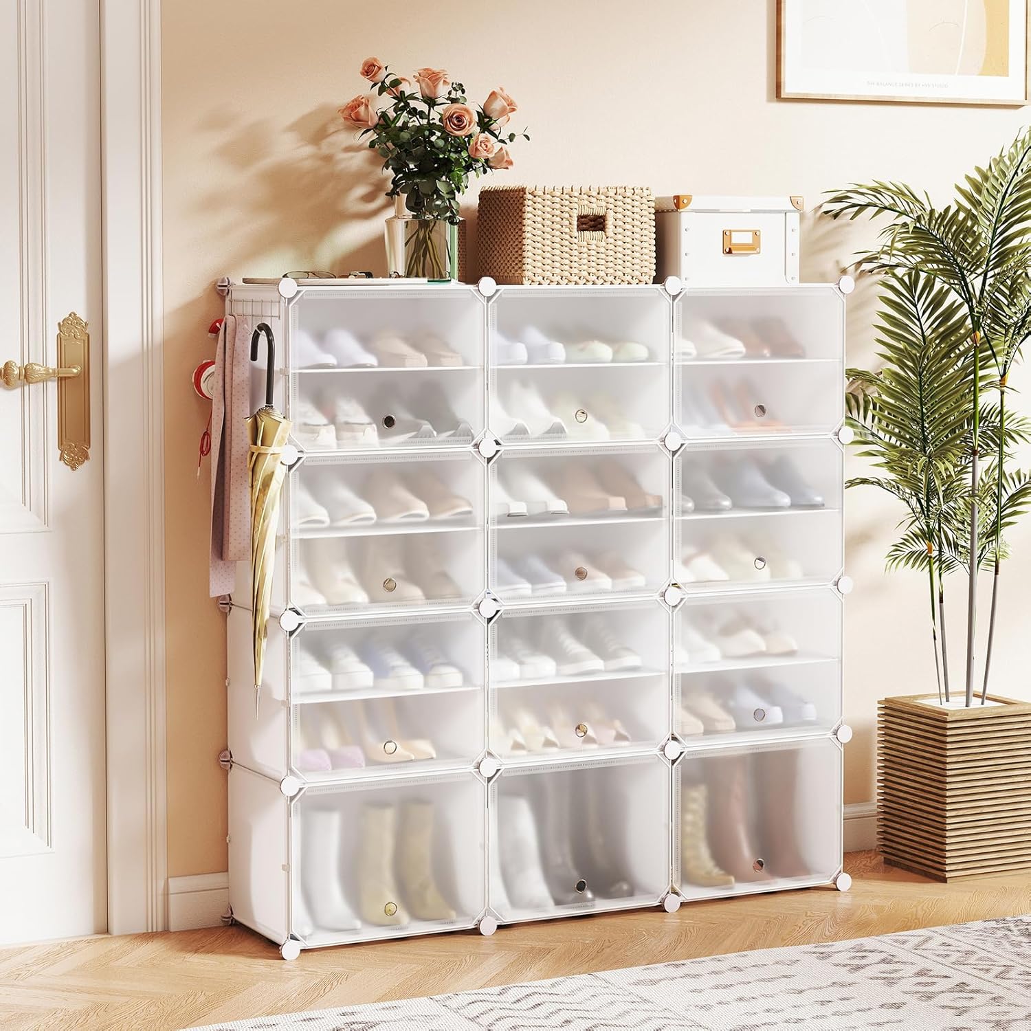 Scatole per Scarpe, Set di 12 Organizzatori Porta Scarpe Impilabili, Contenitore per Scarpe in PP Trasparente, per Ingresso, Corridoio e Armadio, Nero (Bianco)