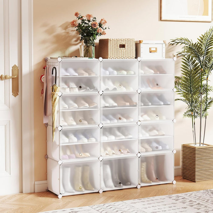 Scatole per Scarpe, Set di 12 Organizzatori Porta Scarpe Impilabili, Contenitore per Scarpe in PP Trasparente, per Ingresso, Corridoio e Armadio, Nero (Bianco)