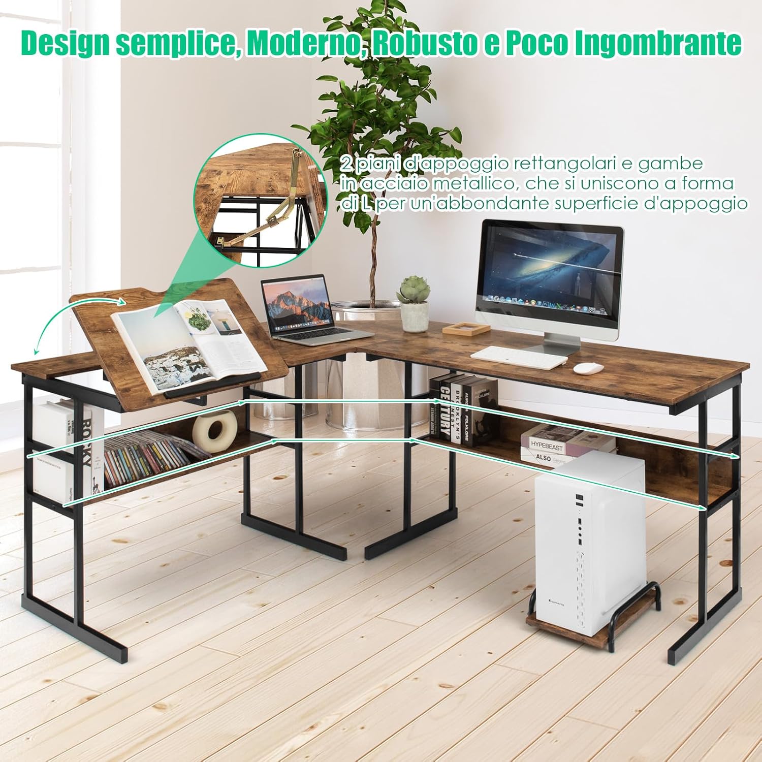 Scrivania Angolare 170 CM, Scrivania per Computer ad Angolo Moderna con Piano Inclinabile, Scaffale Inferiore e Supporto per CPU, Scrivania a Forma di L per Ufficio e Studio (Marrone)
