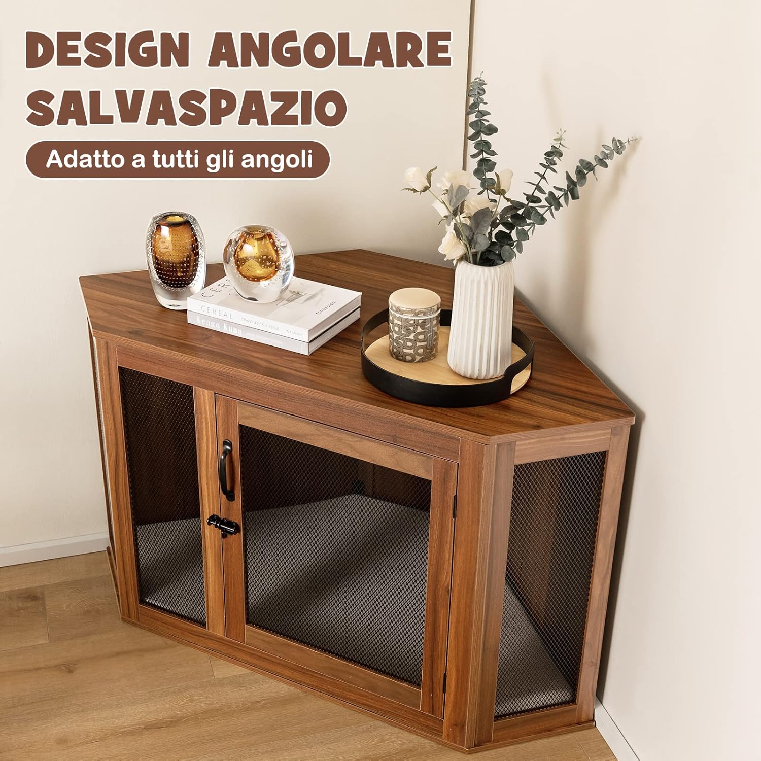 Gabbia per Cani ad Angolo, Casetta per Cani Angolare con Porta a Rete e Cuscino, Maniglia e Chiavistello, Mobile Kennel per Cani da Interno per Stanze e Appartamenti Piccoli