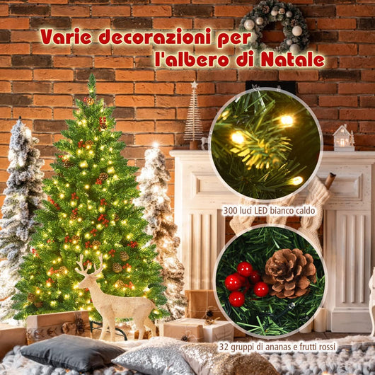 Albero di Natale da 135/195 cm, Albero di Natale Artificiale con 300/450 Luci LED Bianco Caldo, 516/1100 Rami, 32/56 Pigne e 32/56 Bacche Rosse e Base in Metallo, Verde (135cm)