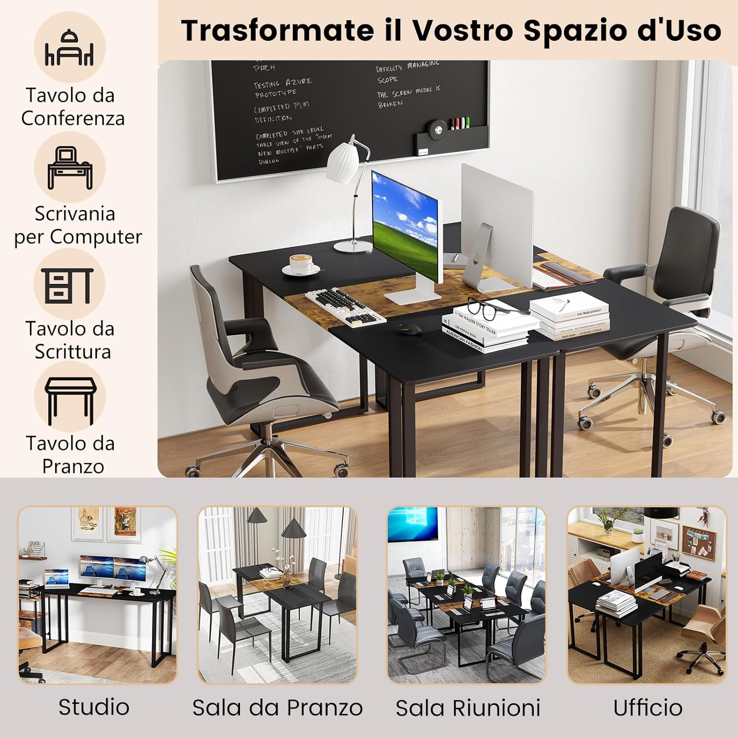 Scrivania per Computer, Scrivania da Ufficio 160 x 60 x 75,5 cm per Studenti e Lavoratori, Tavolo da Conferenza in Metallo Moderno per Studio, Marrone e Nero