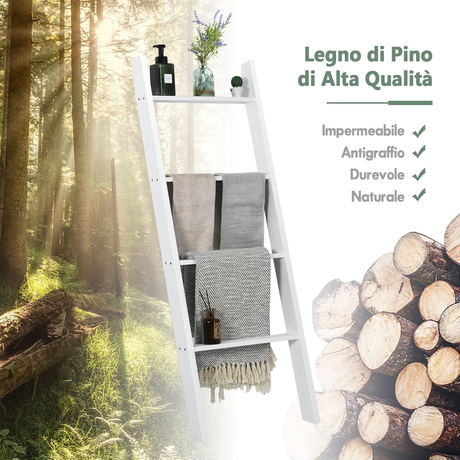 Scaffale di Stoccaggio in Legno di Pino, Porta Asciugamani a 4 Livelli per Bagno, Porta Salviette, Multiuso per Bagno Soggiorno (Bianco, 51 x 8 x 137 cm)